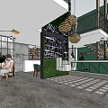 Coffee Shop Interior With Green Wall White Counter Colorful Chairs Staircase And Wooden Decor