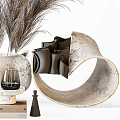 Modern Minimalist Decorative Ornament Set With Pampas Grass Textured Vase And Geometric Curved Pieces