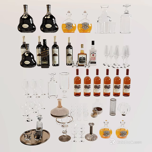 Decorative Ornament Set with Black Brown Transparent Wine Whiskey Bottles and Glasses 3d model 