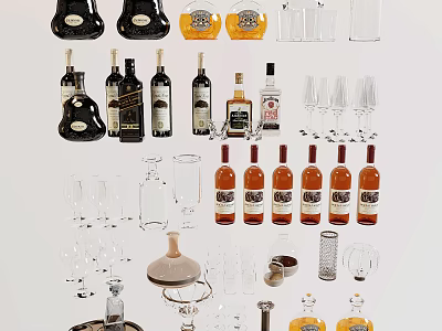 Decorative Ornament Set with Black Brown Transparent Wine Whiskey Bottles and Glasses 3d model