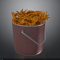 Red Bucket With Metal Handles Filled Full Of Orange Crab Legs