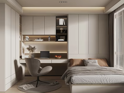 Minimalist Tatami Bedroom Interior With White Cabinets Desk Chair Bookshelf And Window Light 3d model