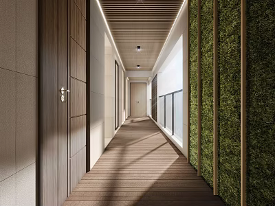 Modern Villa Balcony Design With Wooden Floor Green Plant Wall Corridor And Natural Light 3d model