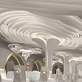 Luxurious Ballroom With White Wavy Ceiling Columns Chandelier And Arranged Tables Chairs