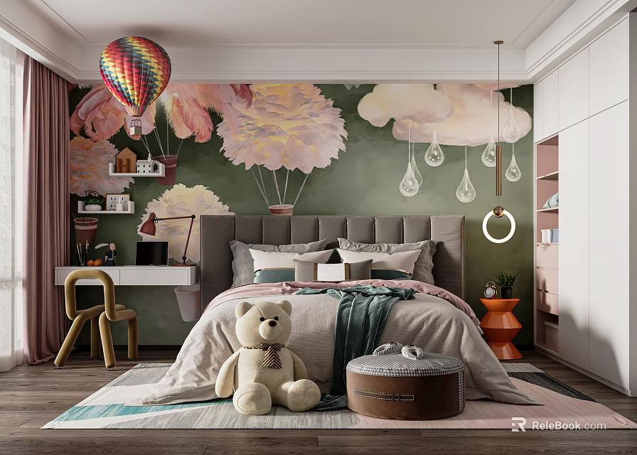 Kids Bedroom Interior With Hot Air Balloon Mural Cloud Pendant Lights Bed And Teddy Bear 3d model 