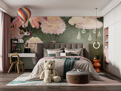 Kids Bedroom Interior With Hot Air Balloon Mural Cloud Pendant Lights Bed And Teddy Bear 3d model