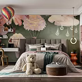 Kids Bedroom Interior With Hot Air Balloon Mural Cloud Pendant Lights Bed And Teddy Bear