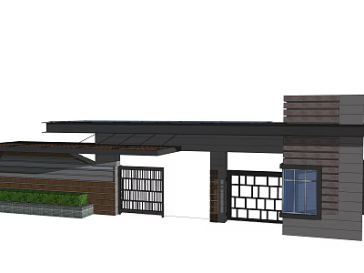 Modern Entrance Gate Design With Metal Grille Wooden Panels Extended Roof And Greenery 3d model