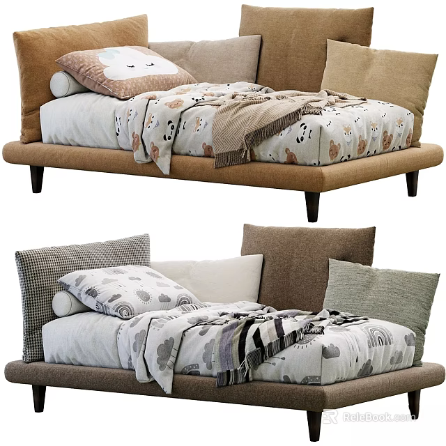 Cozy Children's Bed With Upholstered Headboard Multiple Pillows And Patterned Bedspread 3d model 