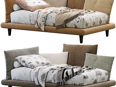 Cozy Children's Bed With Upholstered Headboard Multiple Pillows And Patterned Bedspread 3d model