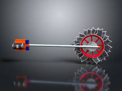 Unique Weapon Design Featuring Orange Blue Components Silver Long Rod Red Spokes And Serrated Wheel 3d model
