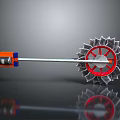 Unique Weapon Design Featuring Orange Blue Components Silver Long Rod Red Spokes And Serrated Wheel
