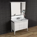 White Bathroom Vanity With Mirror Storage Faucet And Vase On Dark Patterned Wall 3d model