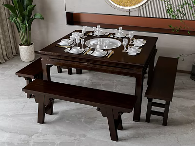 Dark Colored Square Dining Table Set With Benches And Tableware Decor 3d model