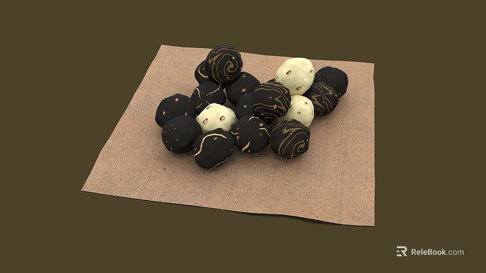 Black and White Decorative Round Balls Arranged on Brown Textured Linen Cloth 3d model 