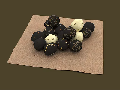 Black and White Decorative Round Balls Arranged on Brown Textured Linen Cloth 3d model