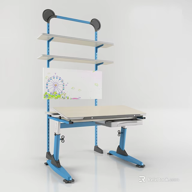 Blue Study Desk with Adjustable Stand Multi Layer Shelves and Colorful Artwork 3d model