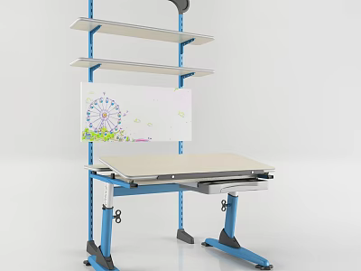 Blue Study Desk with Adjustable Stand Multi Layer Shelves and Colorful Artwork 3d model