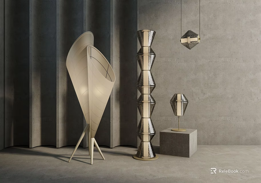 Modern Lamp Combination With Leaf Shaped Spiral Floor And Geometric Pendant Lamps 3d model 