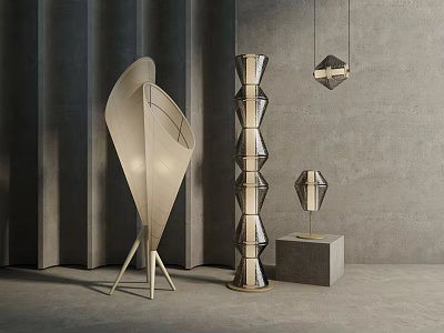Modern Lamp Combination With Leaf Shaped Spiral Floor And Geometric Pendant Lamps 3d model
