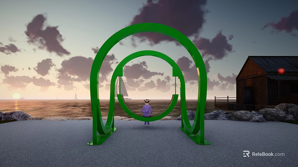 Green Circular Ring Playground Equipment with Girl in Sunset Sea View and Sailboat 3d model 