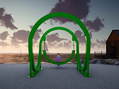 Green Circular Ring Playground Equipment with Girl in Sunset Sea View and Sailboat 3d model