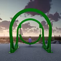 Green Circular Ring Playground Equipment with Girl in Sunset Sea View and Sailboat