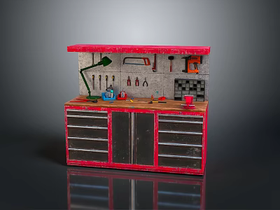 Red Utility Workbench Desk With Tools Lamp Drawers And Cabinets 3d model
