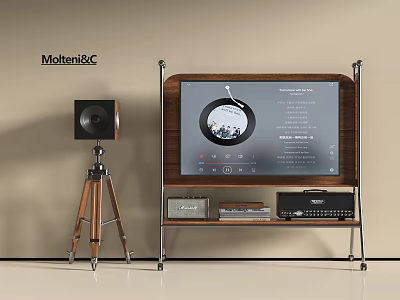 Wooden Frame Television on Stand with Tripod Speaker and Playback Interface 3d model