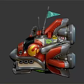 Colorful Mechanical Figurine With Red Black Flame Patterns And Gear Decorative Details