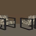 Two Modern Leisure Chairs With Black Frame And Black White Patterned Fabric 3d model