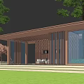 Modern Wooden Pergola With Lattice Design And Giraffe Sculpture Near Lawn And Swimming Pool