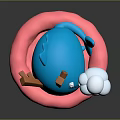 Blue Cartoon Game Character Resting on Pink Donut Float With Cloud Bubble and Bottles