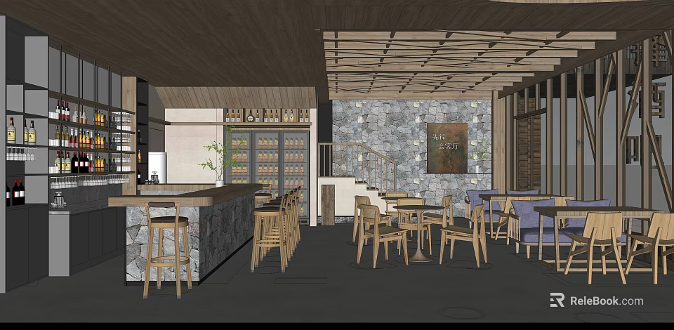 Modern Bar Interior Design With Stone Counter Wooden Tables Chairs And Ceiling Structure 3d model 