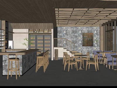 Modern Bar Interior Design With Stone Counter Wooden Tables Chairs And Ceiling Structure 3d model