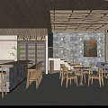 Modern Bar Interior Design With Stone Counter Wooden Tables Chairs And Ceiling Structure