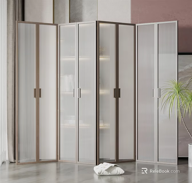 Modern Folding Room Divider Screen With Frosted Glass Panels Metal Frame And Green Plant 3d model 