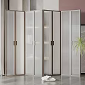 Modern Folding Room Divider Screen With Frosted Glass Panels Metal Frame And Green Plant