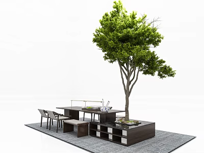 Modern Tea Table and Chairs with Large Green Tree and Storage Cabinet on Carpet 3d model