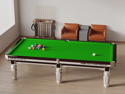 Green Felt Billiard Table With Colorful Balls White Cue Ball Brown Chairs And Cue Rack 3d model