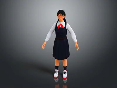 Asian Child In School Uniform With White Shirt Blue Pinafore Red Bow Tie And Sneakers 3d model