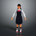 Asian Child In School Uniform With White Shirt Blue Pinafore Red Bow Tie And Sneakers