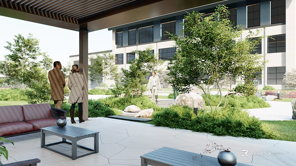 Modern Office Outdoor Landscape With Patio Green Plants People Chatting And Furniture 3d model 