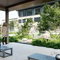 Modern Office Outdoor Landscape With Patio Green Plants People Chatting And Furniture