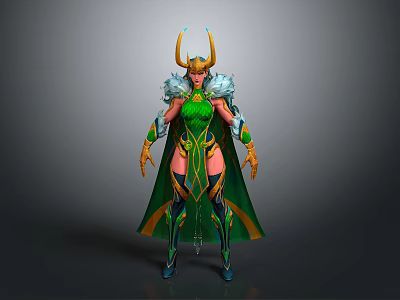 Fantasy Female Character In Green Armor With Golden Horns And Decorative Cloak 3d model