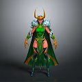 Fantasy Female Character In Green Armor With Golden Horns And Decorative Cloak