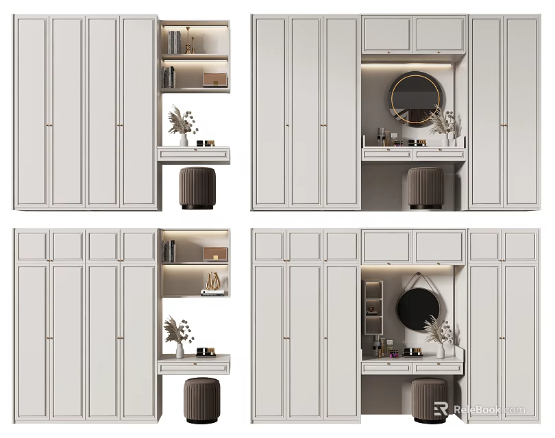 Modern Minimalist Wardrobe Interior Design With Open Shelves Round Mirror Table And Stool 3d model