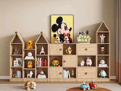 Decorative Ornament Collection with Wooden House Shaped Shelves Mickey Minnie Dolls Star Wars Figures 3d model