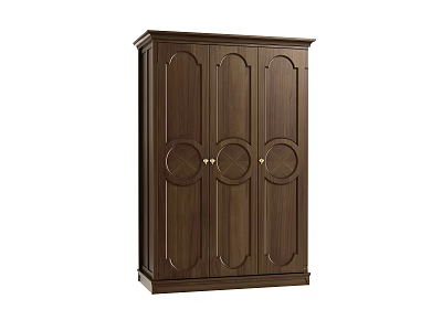 Dark Brown Wooden Three Door Wardrobe With Ornate Circular Design And Metal Handles 3d model
