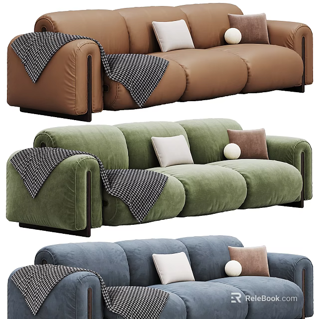 Modern Three Seater Sofa in Brown Green Blue with Decorative Pillows and Throw Blankets 3d model 